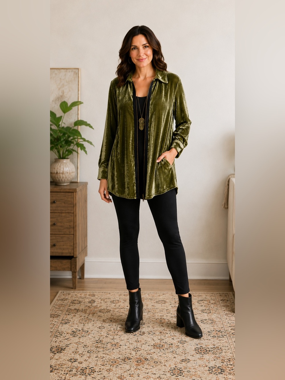 Soft Surroundings Olive Green Silk Blend Velvet Zip Tunic Jacket Sz M Lagenlook